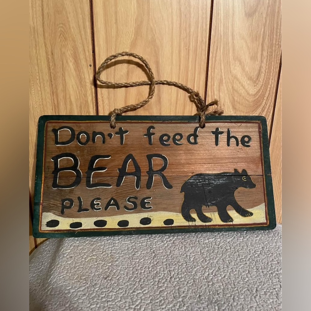 Wooden Bear Sign with Rope Hanger